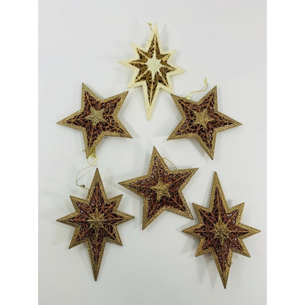 Vintage Set Of 6 Christmas Star Ornaments Assorted Size Wooden Glittery Gold